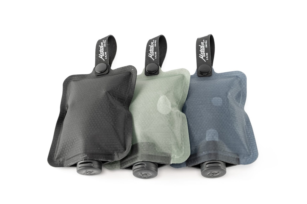 [MATFPB3001MLT] Matador - FlatPak Toiletry Bottle (3-Pack) - Multi 1: Charcoal, Slate Blue, Sage Image 