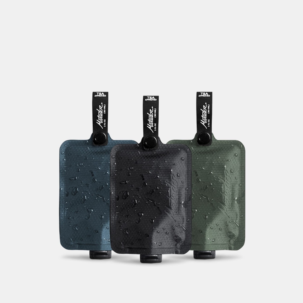 [MATFPB3001MLT] Matador - FlatPak Toiletry Bottle (3-Pack) - Multi 1: Charcoal, Slate Blue, Sage Image 