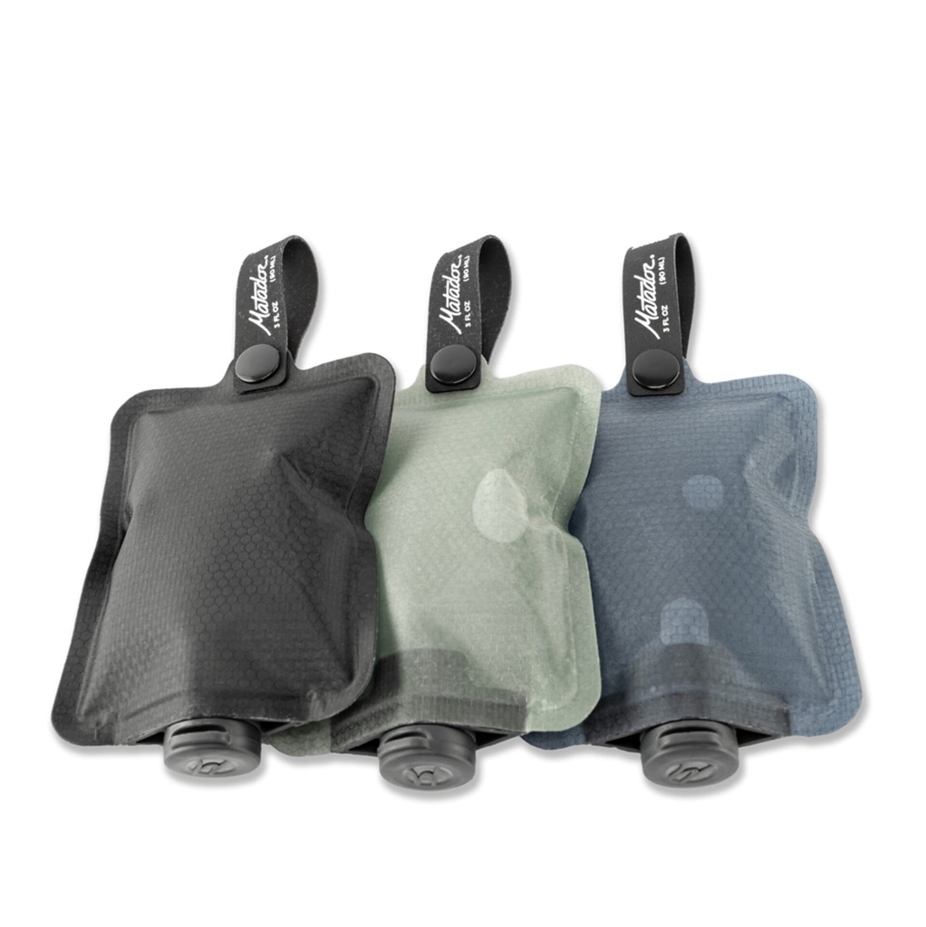 [MATFPB3001MLT] Matador - FlatPak Toiletry Bottle (3-Pack) - Multi 1: Charcoal, Slate Blue, Sage Image 