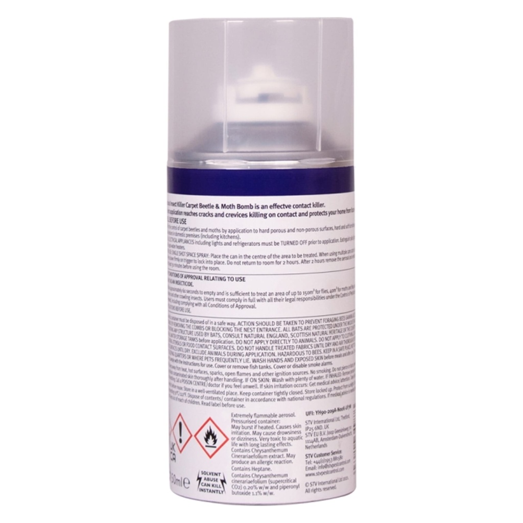 [ZER987] STV  Carpet Beetle & Moth Killer Bomb - 150ml One-Shot Aerosol Image 