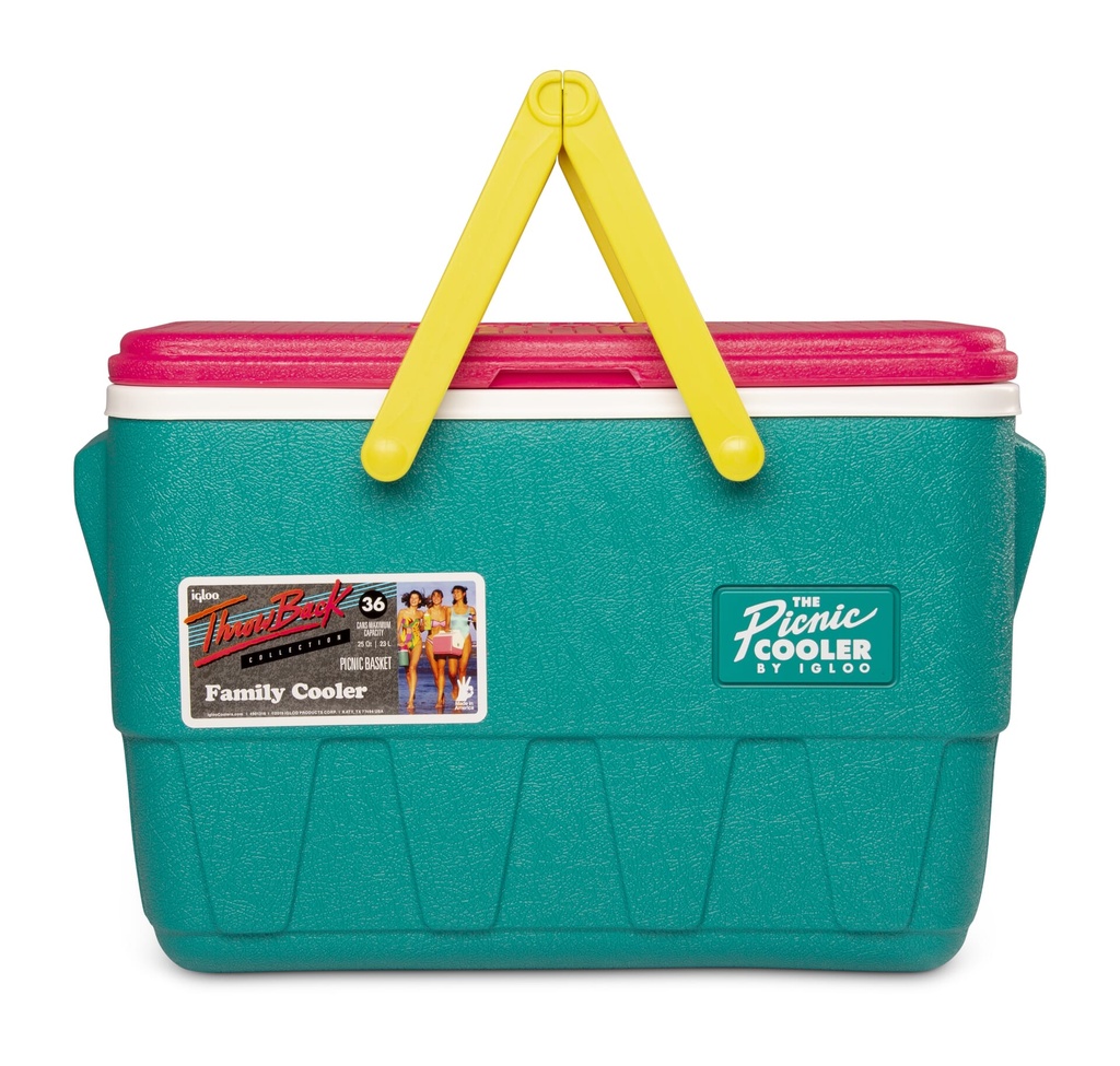 00048537-Igloo-Retro Jade 25 Qt Lunch Picnic Basket Cooler - Dark Jade /Bold Magenta /Livewire Yellow